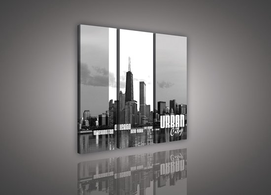 Canvas Schilderij - New York - Chicago - Stad - Steden - Lichten - Skyline - Toren - Blauw - Gebouw - Schilderij Woonkamer - Schilderijen op canvas - Inclusief Frame - 90x80cm (LxB) - 3 Luiks - 3 Delen