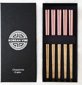 KoreanVibe Chopsticks Set - Eetstokjes - Vaatwasserbestendig - RVS - 5Paar - Goud/Roze