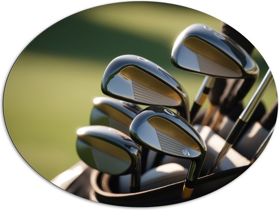 Dibond Ovaal - Golf Clubs in Trolley op Golfbaan - 108x81 cm Foto op Ovaal (Met Ophangsysteem)