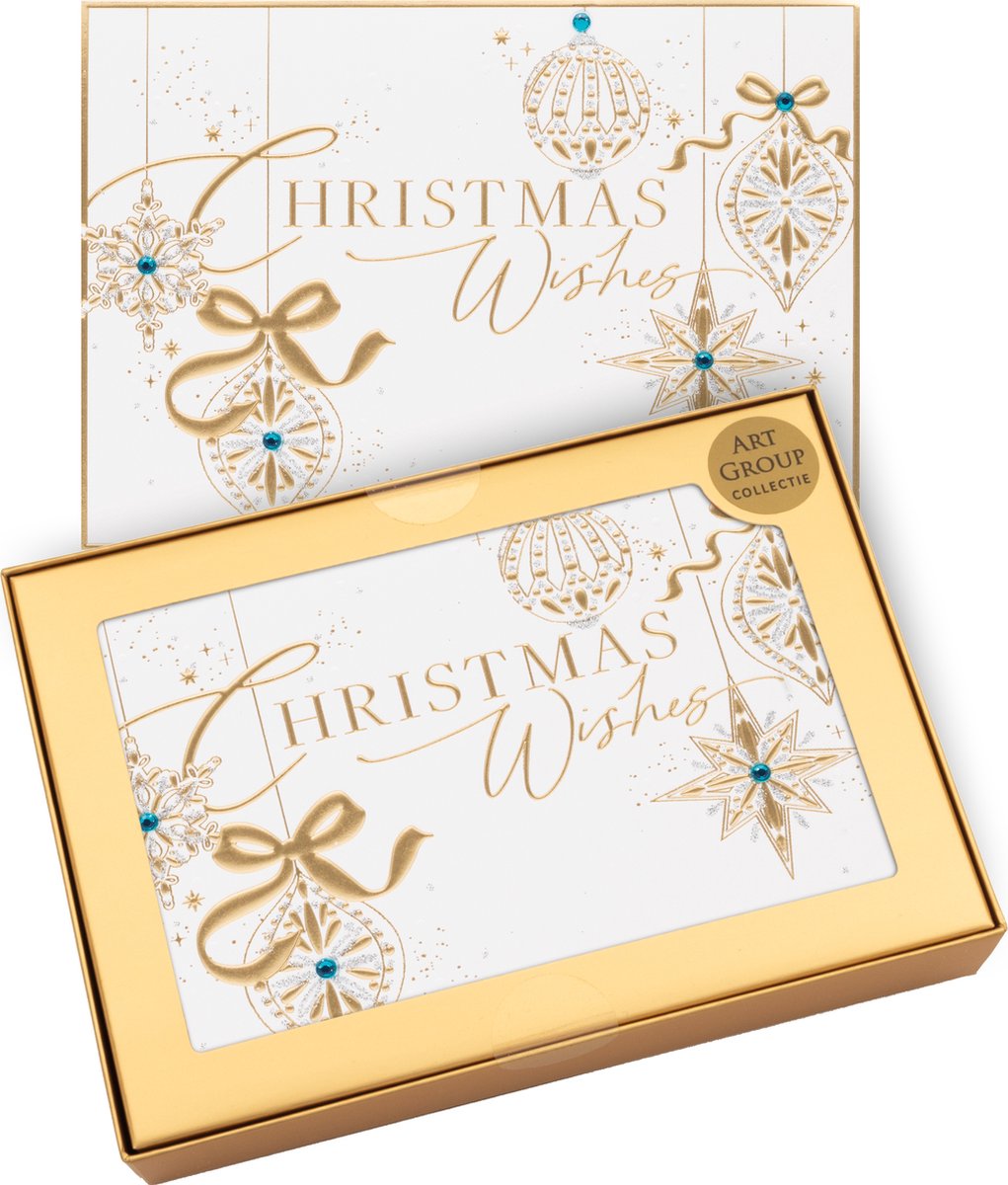Kerstkaarten set Gouden kerstballen 16 luxe kerstkaarten met