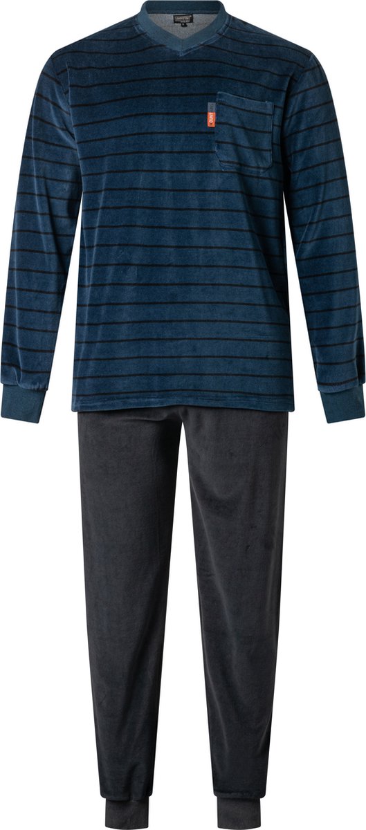 Outfitter heren pyjama velours | MAAT L | V-hals | Streep mountains | marine
