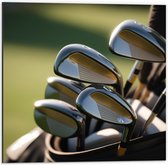 Dibond - Golf Clubs in Trolley op Golfbaan - 50x50 cm Foto op Aluminium (Met Ophangsysteem)