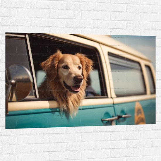 Muursticker - Golden Retriever Hond uit Raam van Blauw Busje - 120x80 cm Foto op Muursticker