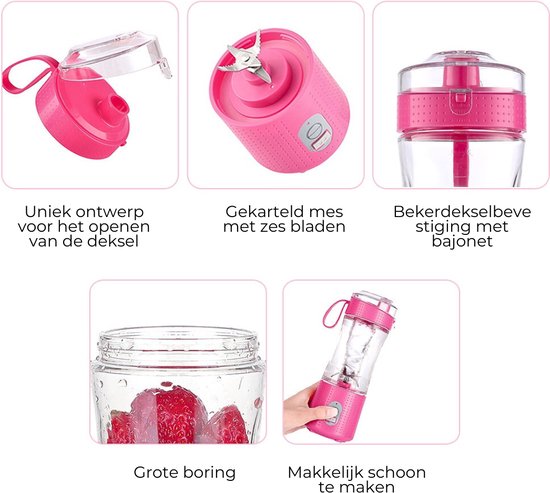 DAKANNA® - Blender Smoothie - Blender to Go Reizen- Portable Blender Roze - Cadeau - LED Verlichting Startknop - Duurzaam - IJsbreker - 400ML van DAKANNA — afbeelding 2