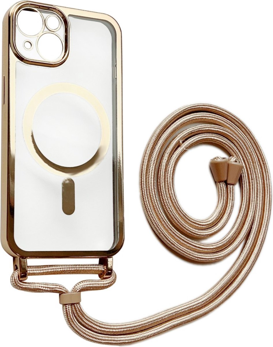Apple iPhone 12 Pro Magnetisch Hoesje Met Lensbeschermer en Touwtje/koord- Magsafe - Magneet Case Met Ring en camera cover transparant met gekleurde rand -goud