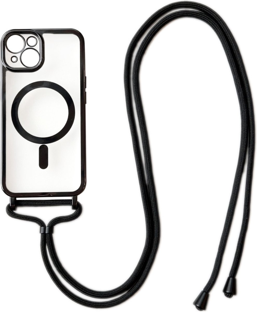 Apple iPhone 12 Pro Magnetisch Hoesje Met Lensbeschermer en Touwtje/koord- Magsafe - Magneet Case Met Ring en camera cover transparant met gekleurde rand -zwart