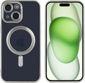 Hoesje Geschikt voor iPhone 15 met magnetisch ring - Lens beschermer – backcover – Transparant / Zilver