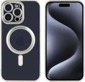 Hoesje Geschikt voor iPhone 15 Pro met magnetisch ring - Lens beschermer – backcover – Transparant / Zilver