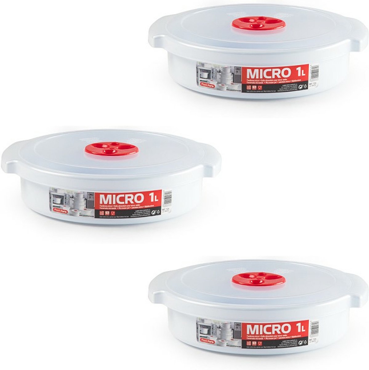 Plastic Forte Magnetronschaal met deksel/ventiel - 3x - 1L - wit - kunststof - laag model