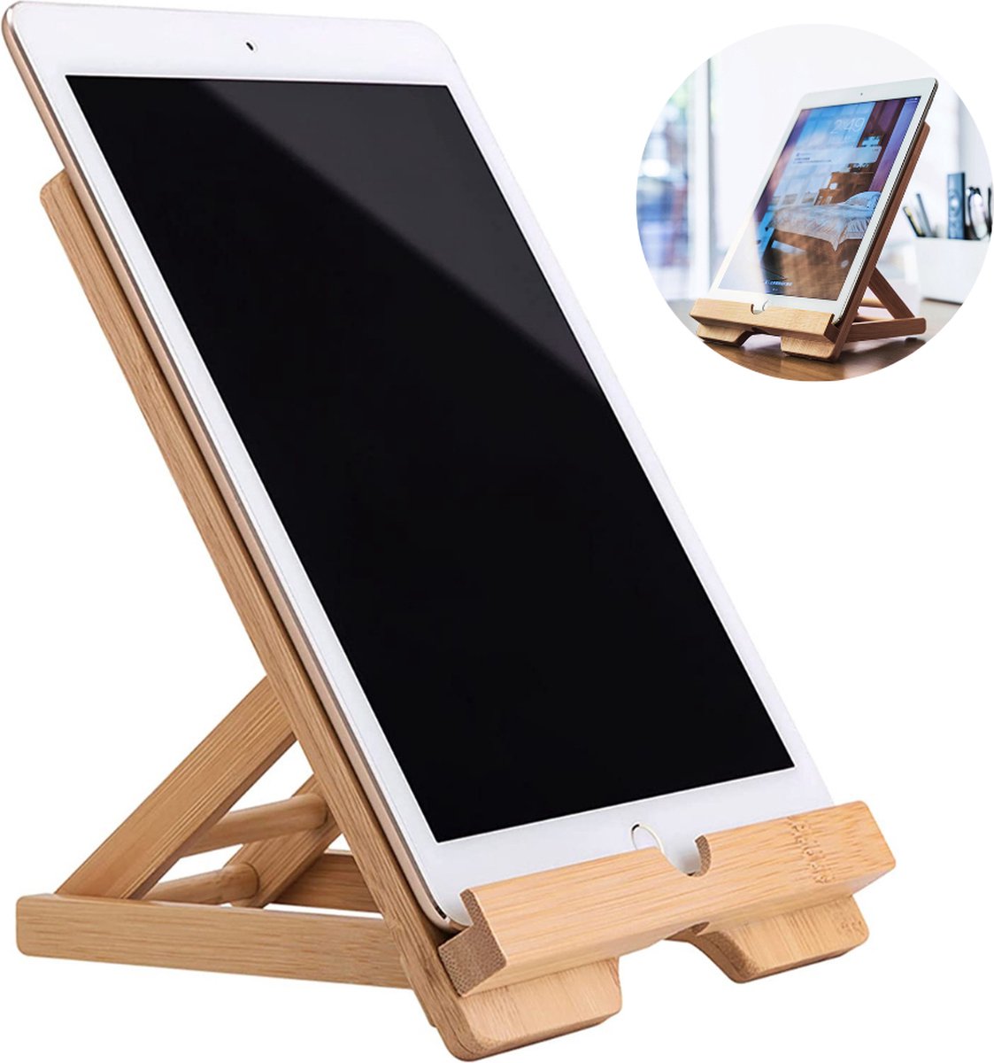 Cheqo® Luxe Bamboe Tablethouder - iPad Houder - Tablet Houder - Tablet Standaard - Inklapbaar
