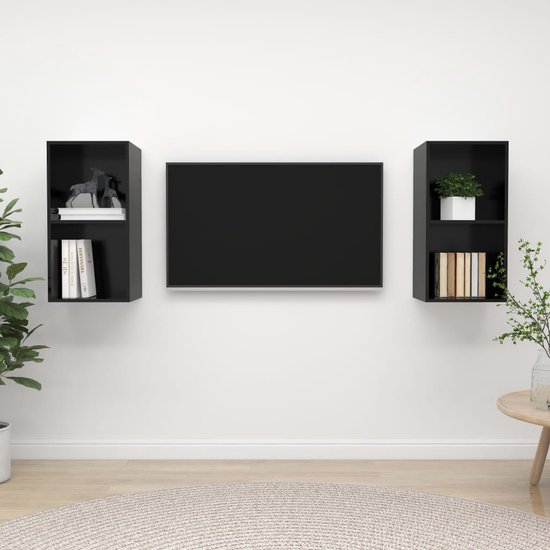 The Living Store TV-meubelset - 2 stuks - spaanplaat - 37x37x72 cm - hoogglans zwart