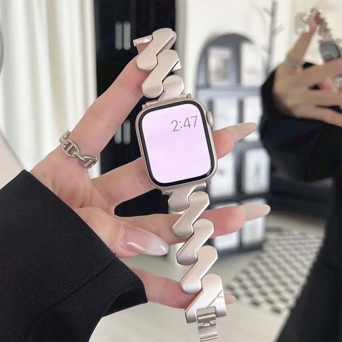 MY PROTECT - Luxe Metalen Z Bandje - Geschikt Voor Apple Watch Bandje - Series 1/2/3/4/5/6/7/8/9/10/SE - 38mm - 40mm - 41mm - 42mm - Starlight