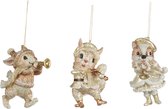Viv! Christmas Kerstornament - Muzikale Dieren - trompet viool - set van 3 - crème champagne - 9,5cm