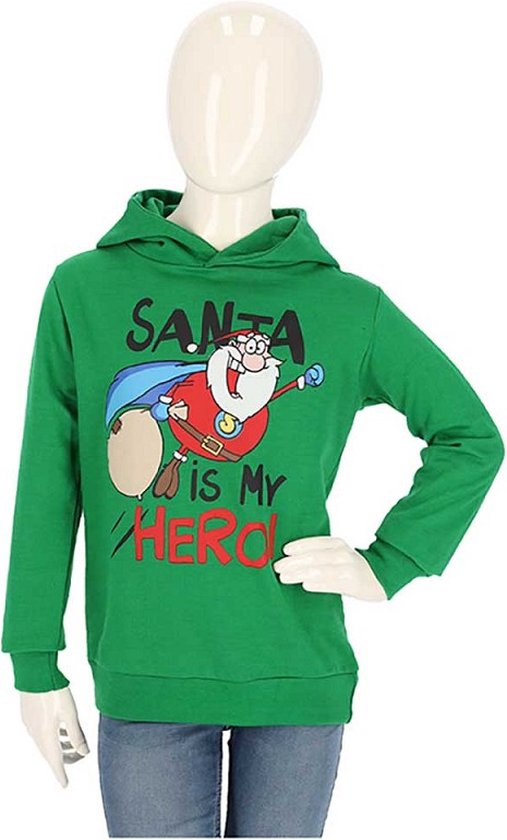 Apollo - Kids - Kerst - Hoodie - Santa - Hero - Groen - Maat 128/134