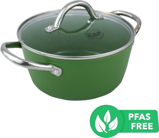 BY C&P© Go Green Kookpot met deksel 20 cm - Inductie - PFAS vrij - Vaatwasser geschikt - Groen