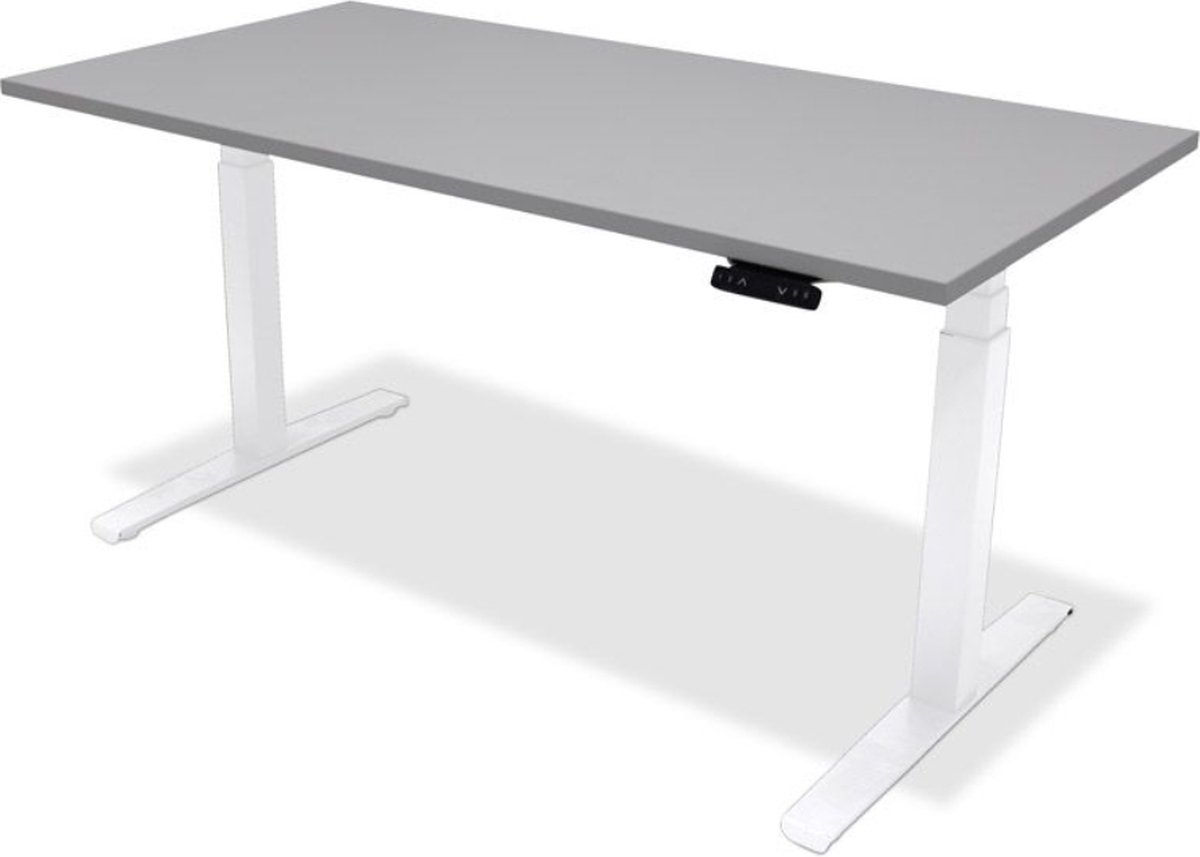 Zit sta bureau - hoog laag bureau - staan zit bureau - staand bureau – verstelbaar bureau – game bureau – 140 x 80 cm – wit onderstel – grijs bureaublad