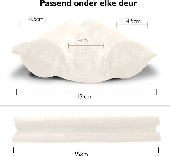 Afmetingen van een witte tochtstrip. Lengte 92cm, breedte aanpasbaar.