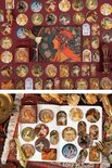 Art Nouveau stickers met gedetailleerde afbeeldingen van vrouwen, bloemen en symbolen, in diverse ronde en rechthoekige vormen.
