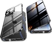 Fiquesa Autri® Iphone 15 pro hoesje - zwart - privacy scherm - metalen bumper - dubbelzijdig gehard glas