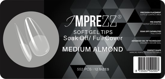 IMPREZZ® Soak Off Soft Gel Tips Medium Almond | inhoud 550 stuks - 12 verschillende maten | Full Cover