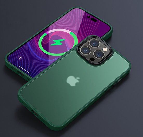Coque de téléphone verte et transparente pour iPhone 15 avec logo pomme, à côté d'un iPhone avec icône de chargement.