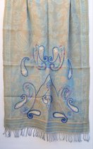 Geborduurde wollen dames sjaal in licht blauw en leverkleur- 70 x 180 cm