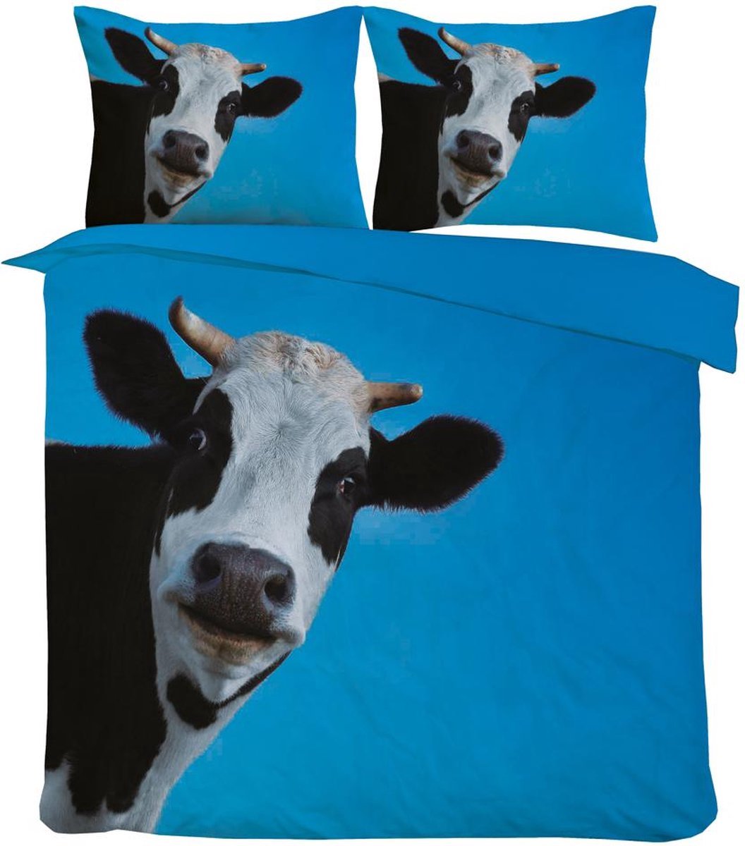 Dekbedovertrek Set- Zwart-Wit-Blauw Koe Print - Tweepersoons Lits-jumeaux -240 x 220-cm + 2 kussenslopen 60x70cm