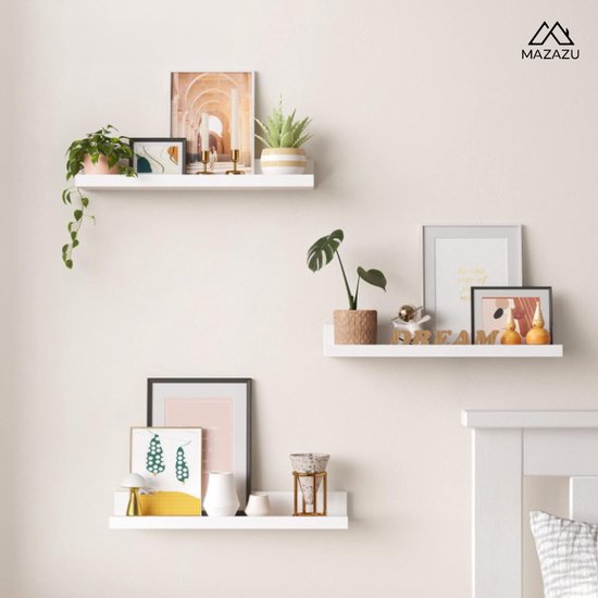 MIRA Home - Wandplanken - Wandplank - Muurdecoratie - Fotolijstplank - Set van 3 - Wit - Hout - 44x17x17cm