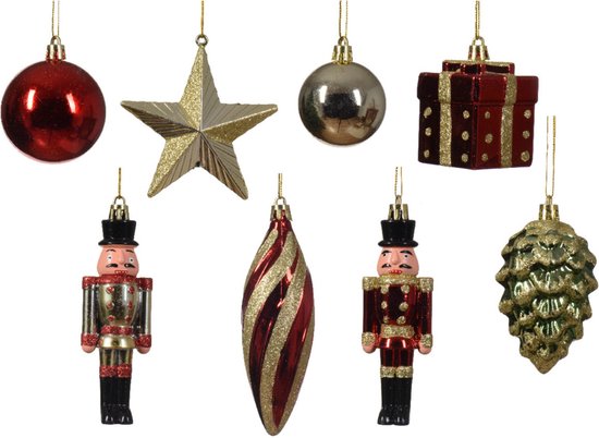 Decoris kersthangers kerst figuurtjes 20x - rood/goud -kunststof - 13 cm
