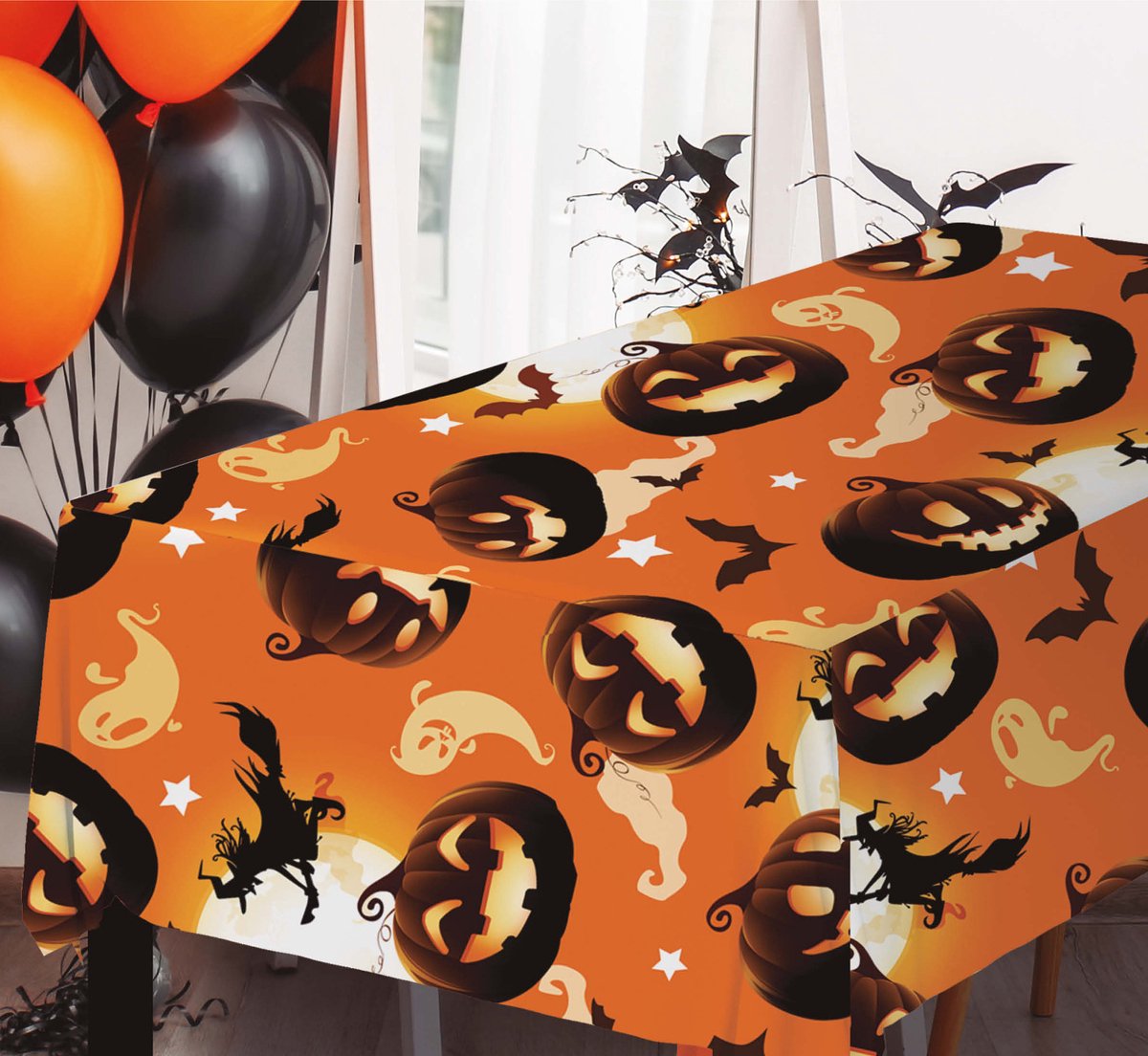 Halloween/horror thema feest tafelkleed - creepy pompoenen - oranje - plastic - 137 x 274 cm