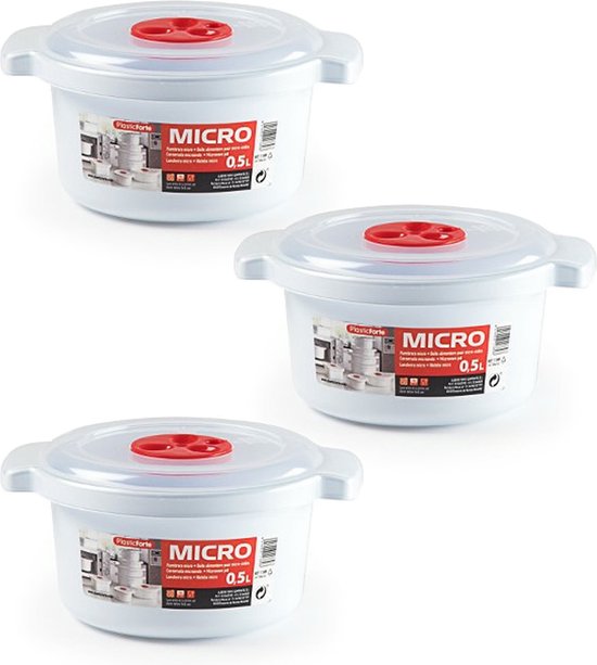 Plat à micro-ondes Plastic Forte - 3x - couvercle/valve - 500 ml - blanc - plastique - sans BPA