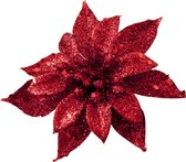 Cosy and Trendy decoratie bloem - op clip - rood - 8 cm - glitters - kunststof