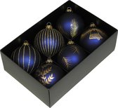 Othmar Decorations gedecoreerde kerstballen -6x -donkerblauw -glas 8cm