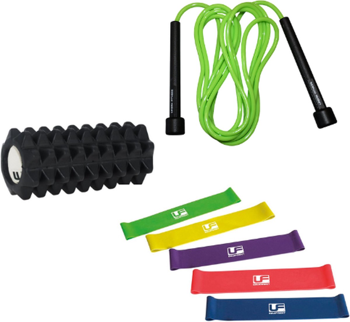 UFE - Thuis fitness set - 5 weerstandsbanden - springtouw - massageroller