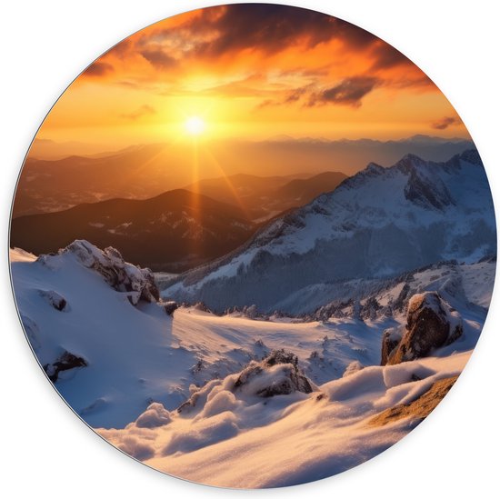 Dibond Muurcirkel - Uitzicht op Zonsondergang vanaf Besneeuwde Berg - 100x100 cm Foto op Aluminium Muurcirkel (met ophangsysteem)