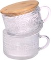 Set van 2 vintage koffiemokken, havermouthouder met deksel en lepel - 350 ml heldere glazen bekers met reliëf, leuke koffiebar-accessoires, ijskoffieglazen, ideaal voor cappuccino, thee,