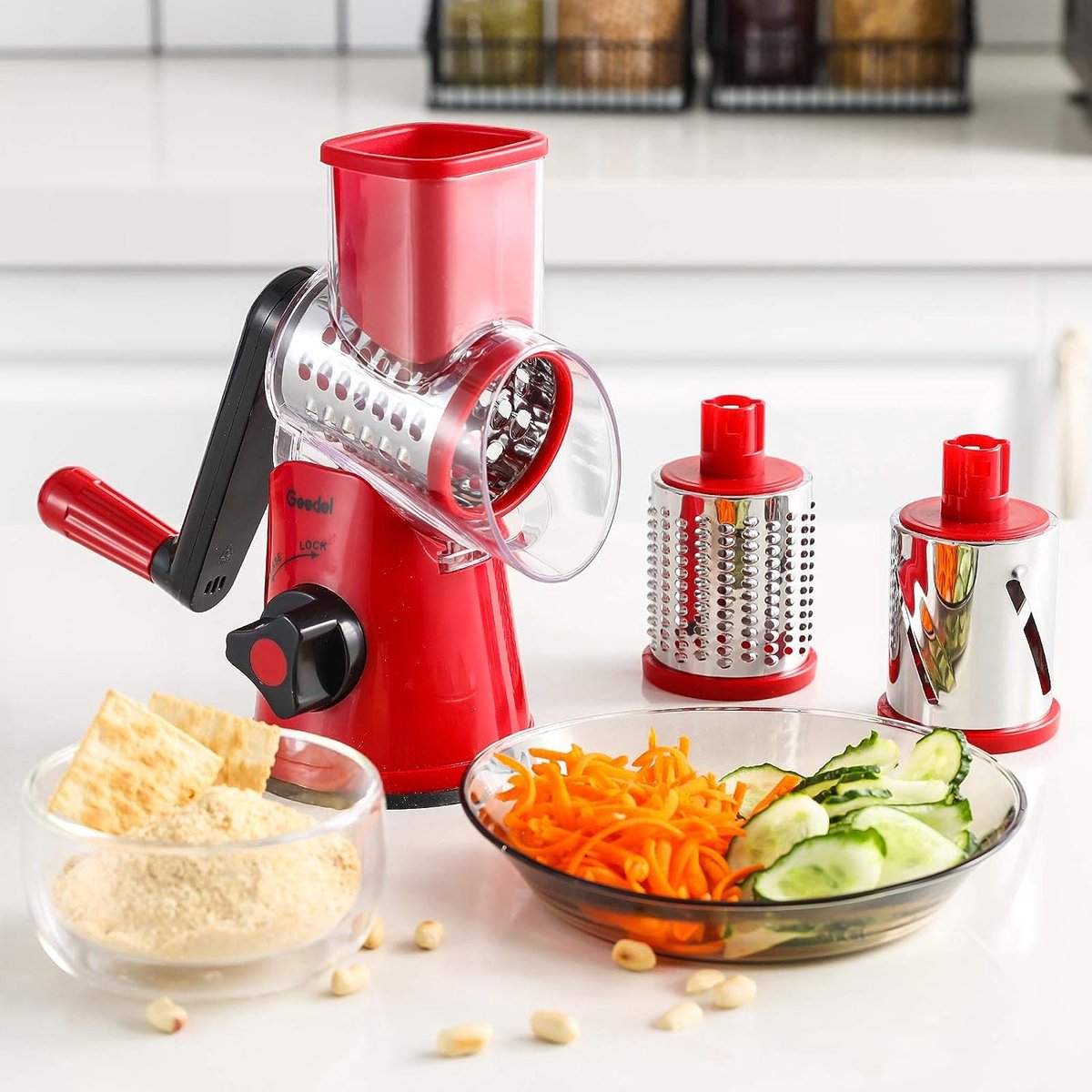 TAVADA Roterende Kaasrasp,Handmatige groentesnijder,Rasp Groenteheoel met Drie Trommelbladen,Rasp voor Keuken,Trommelrasp,kaasmolen,voor Kaas, Komkommer, Wortel, Noten Cheese grater with crank