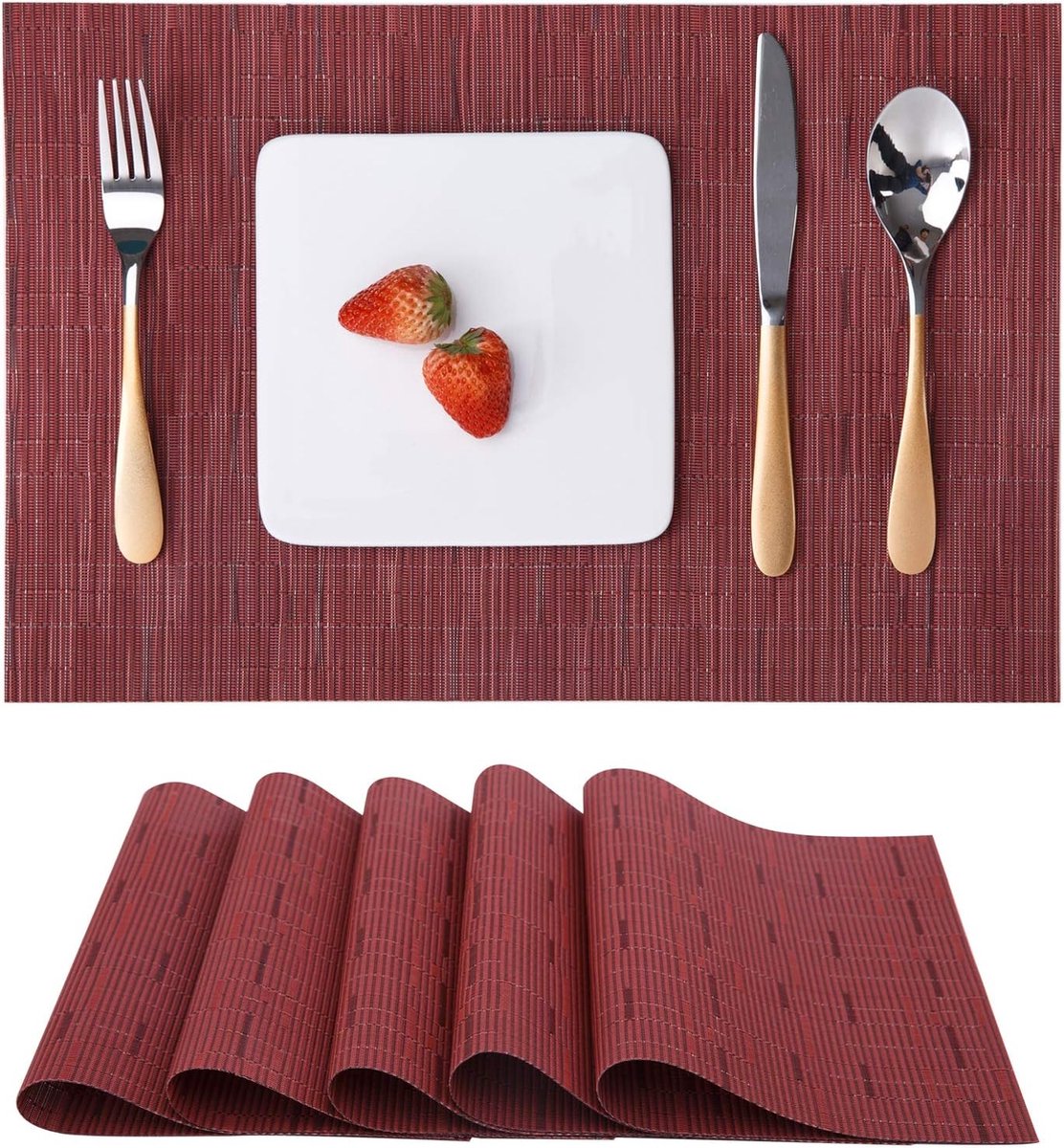 Placemats Set van 6, Vinyl Placemats Geweven Wasbaar Hittebestendige Antislip Geschikt voor Keuken Familie Restaurant Koffiebar (Rood)