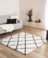Vierkant hoogpolig vloerkleed ruiten Artisan - wit/zwart 200x200 cm