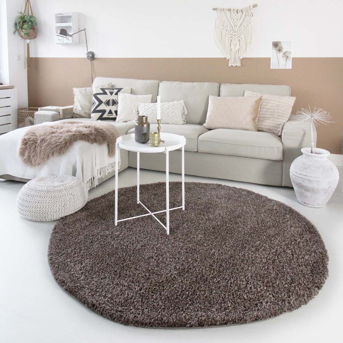 Hoogpolig vloerkleed shaggy Trend effen rond - bruin 160 cm rond