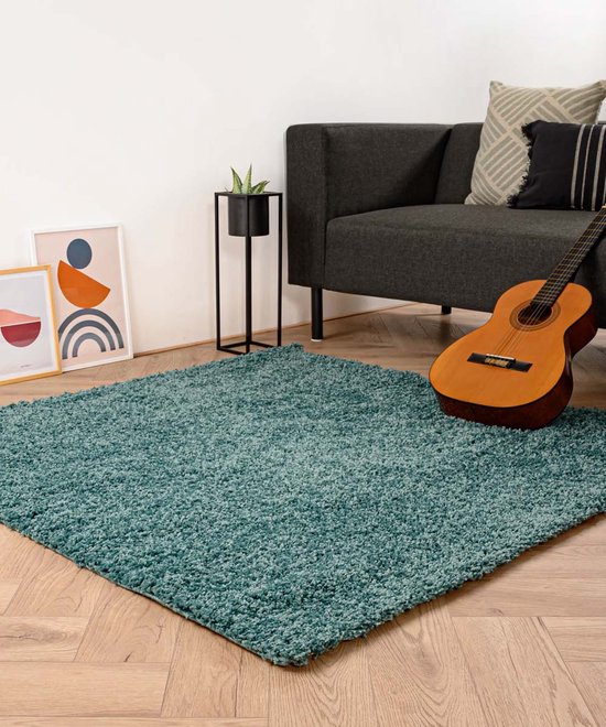 Vierkant hoogpolig vloerkleed shaggy Trend effen - lichtblauw 160x160 cm