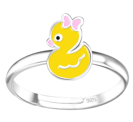 Joy|S - Zilveren eend ring - verstelbaar - geel met roze strikje - voor kinderen