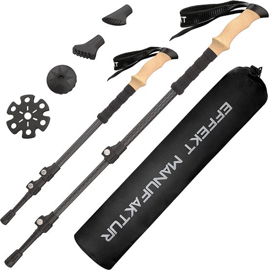 Bâtons De Randonnée Carbone Effect – 100% Carbone, 53-135 Cm, 225 G, Poignée Liège, Livré Avec Embouts Et Sacoche