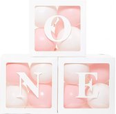 Trois blocs de ballons lettres transparents Un blanc comprenant 24 ballons rose et blanc - boîte à ballons - boîte à ballons - cakesmash - premier anniversaire - blanc - rose