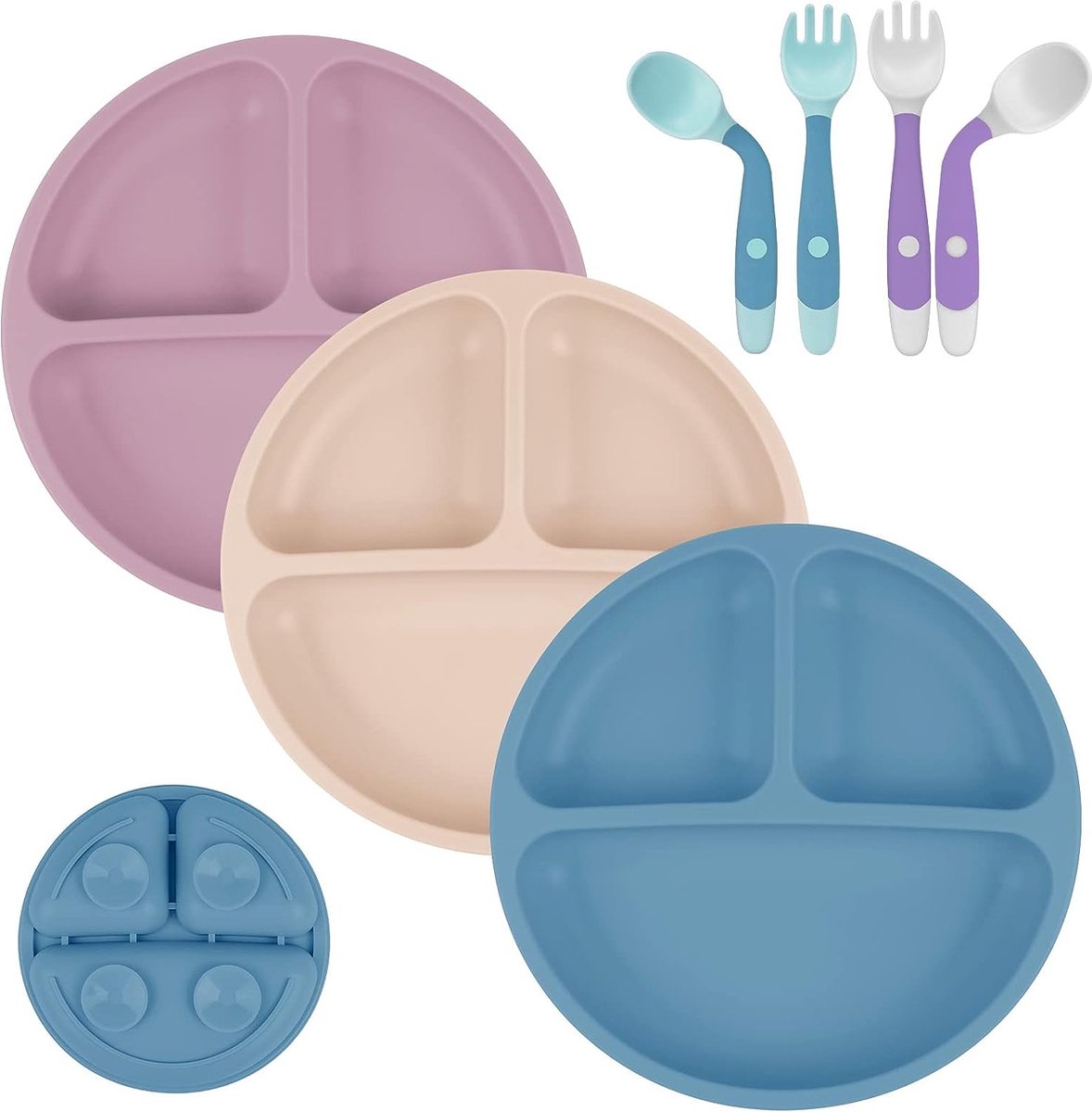 Goedkoopste Babyborden, 3 stuks, siliconen, antislip babyplacemat met zuignappen, lepelvork, BPA-vrij, gedeelde stabiele babyborden, peuterborden voor baby's, peuters en kinderen