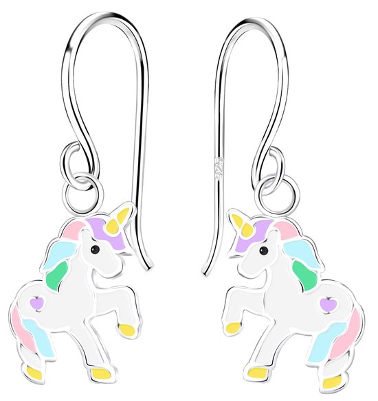 Joy|S - Zilveren eenhoorn hanger oorbellen - unicorn paardje - oorhangers - kinderoorbellen