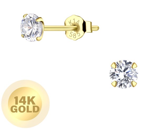 Joy|S - Gouden oorbellen - 4 mm - zirkonia - 14 kt goud - oorknopjes