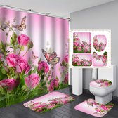 Ensemble de salle de bain de Luxe 4 pièces avec rideau de douche 3D lavable - imperméable et décoratif - roses avec papillons