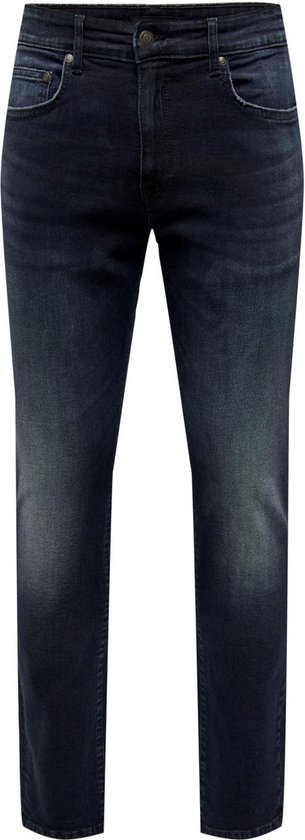 Donkerblauwe denim jeans met een slanke pasvorm en een lichte wassing op de pijpen.