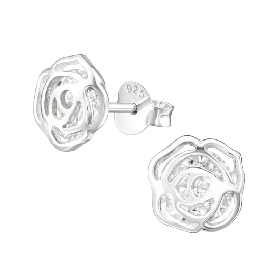 Joy|S - Zilveren roos oorbellen - 8 mm - met zirkonia